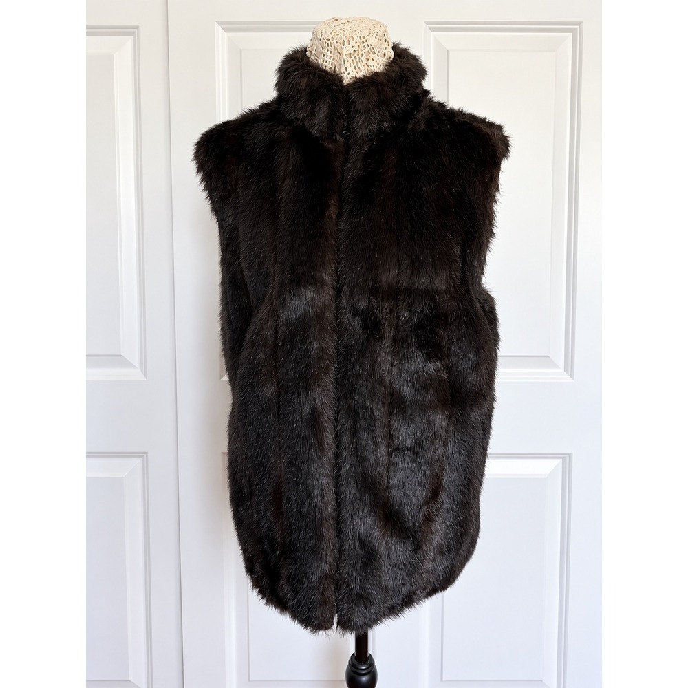 Chocolate Faux Fur Vest Zip Front Stand Collar Paneled Back Sleeveless Jacket XL